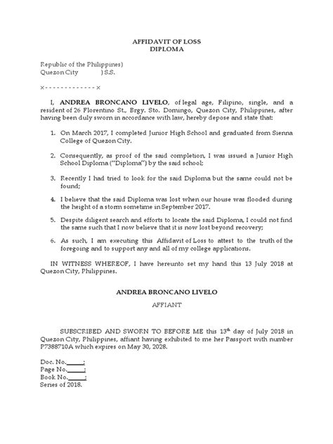 affidavit of loss diploma and tor